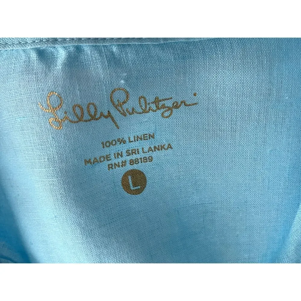 Lilly Pulitzer Sz L Pop Over Tunic Top Blue Linen Preppy Breathable Beach Resort